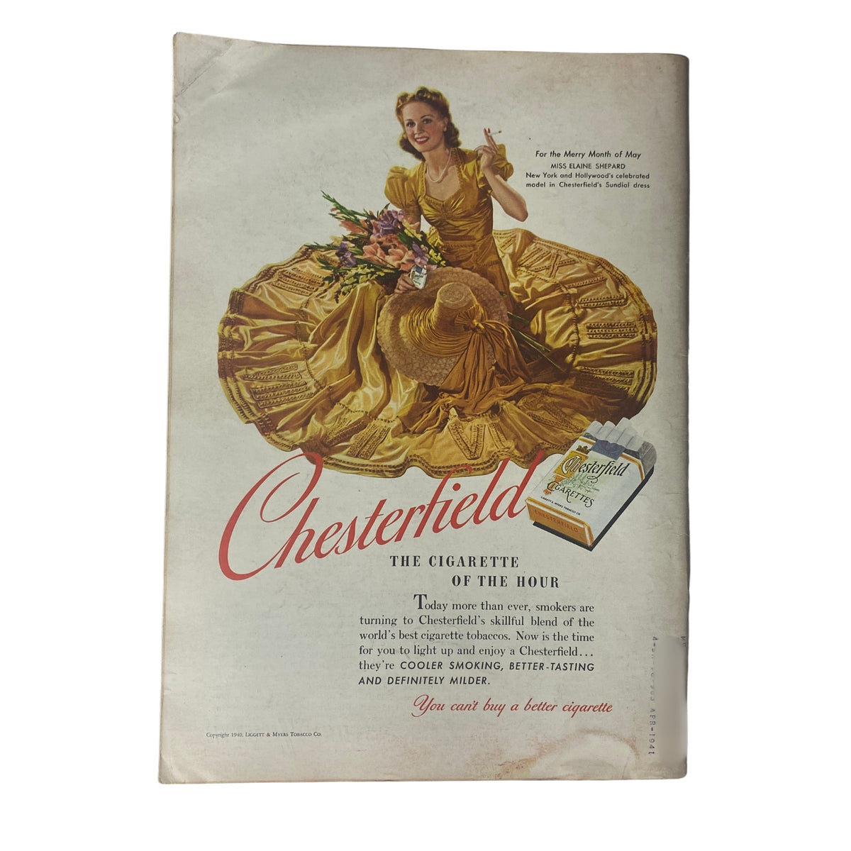 Advertisement page from Time Magazine April 29, 1940, showcasing Chesterfield cigarettes with a model in a stylish yellow dress, emphasizing a vintage advertising aesthetic.