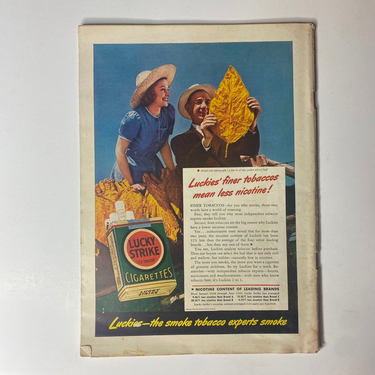 Vintage advertisement for Lucky Strike cigarettes included in Time Magazine from October 28, 1940, showcasing the slogan about finer tobacco.