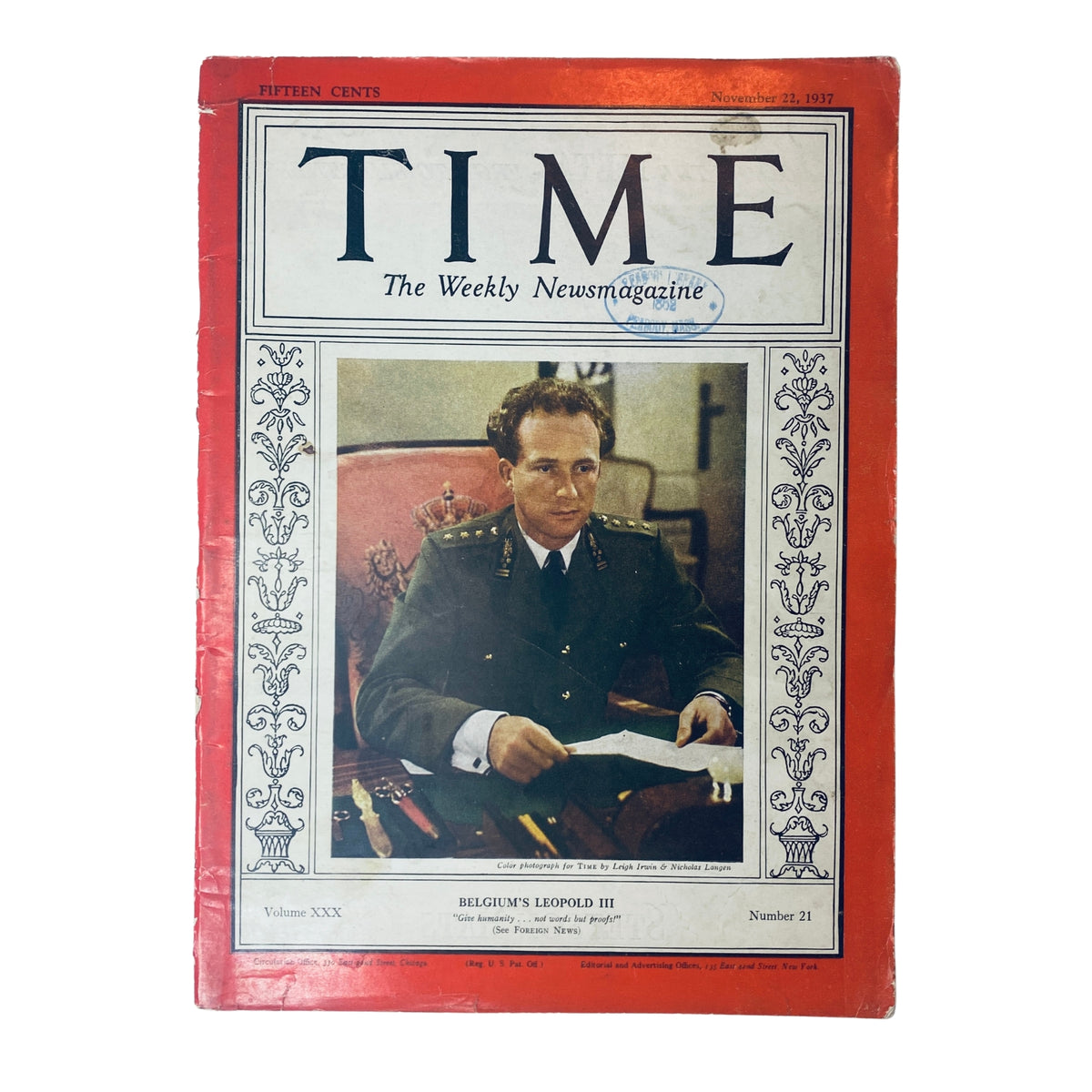 Cover of Time Magazine, November 22, 1937, Vol 30 No. 21, featuring Belgium's Leopold III, showcasing his portrait and the magazine's title.