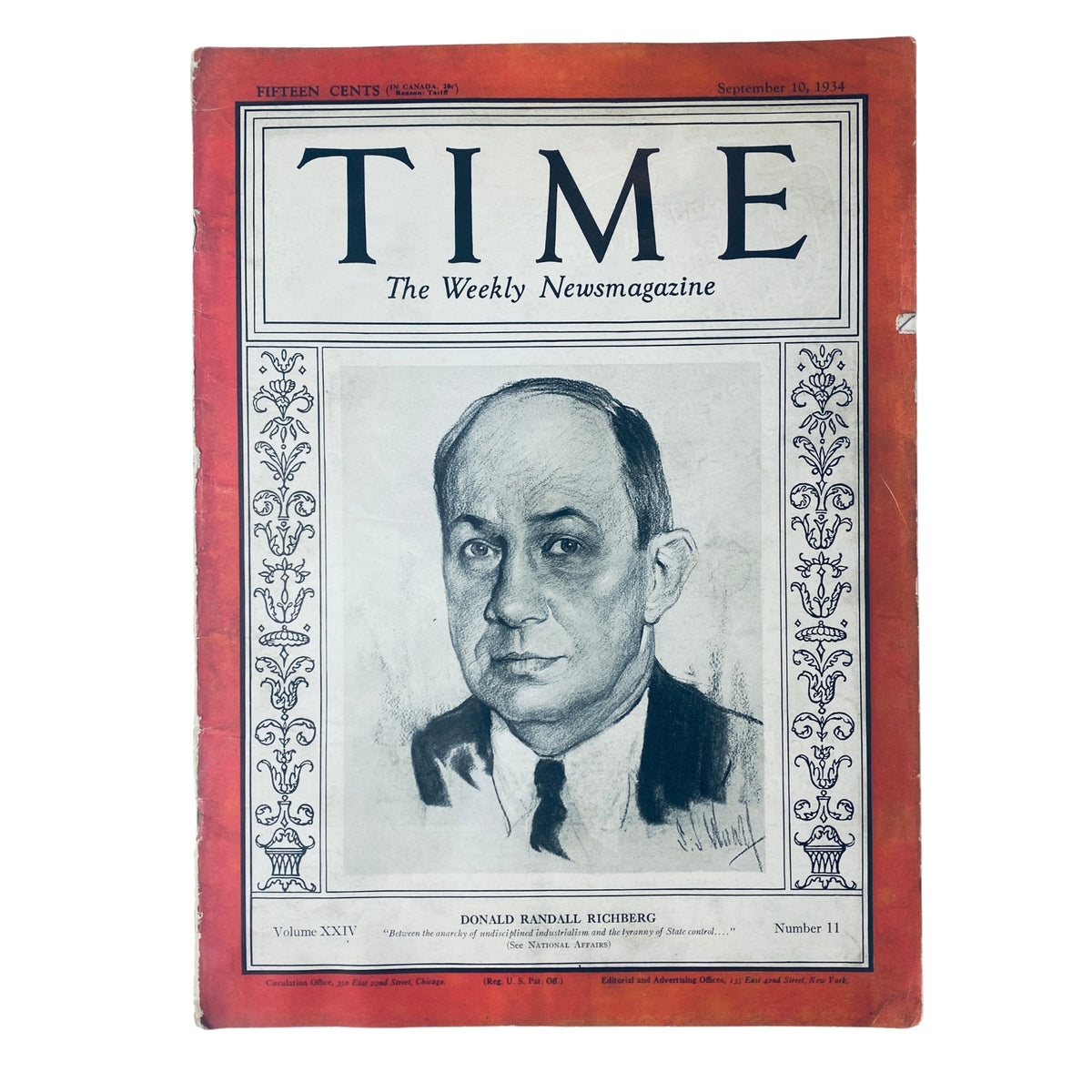 Cover of Time Magazine, September 10, 1934, Volume 24 Number 11, featuring Donald Randall Richberg, who played a key role in American political history during the New Deal era.