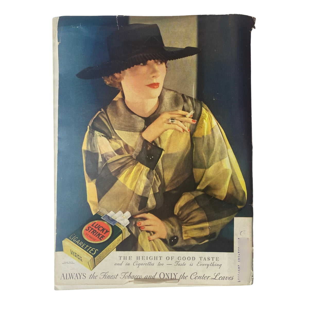 Colorful advertisement cover from a vintage magazine showcasing a fashionable woman in a stylish hat, promoting Lucky Strike cigarettes, emphasizing taste.