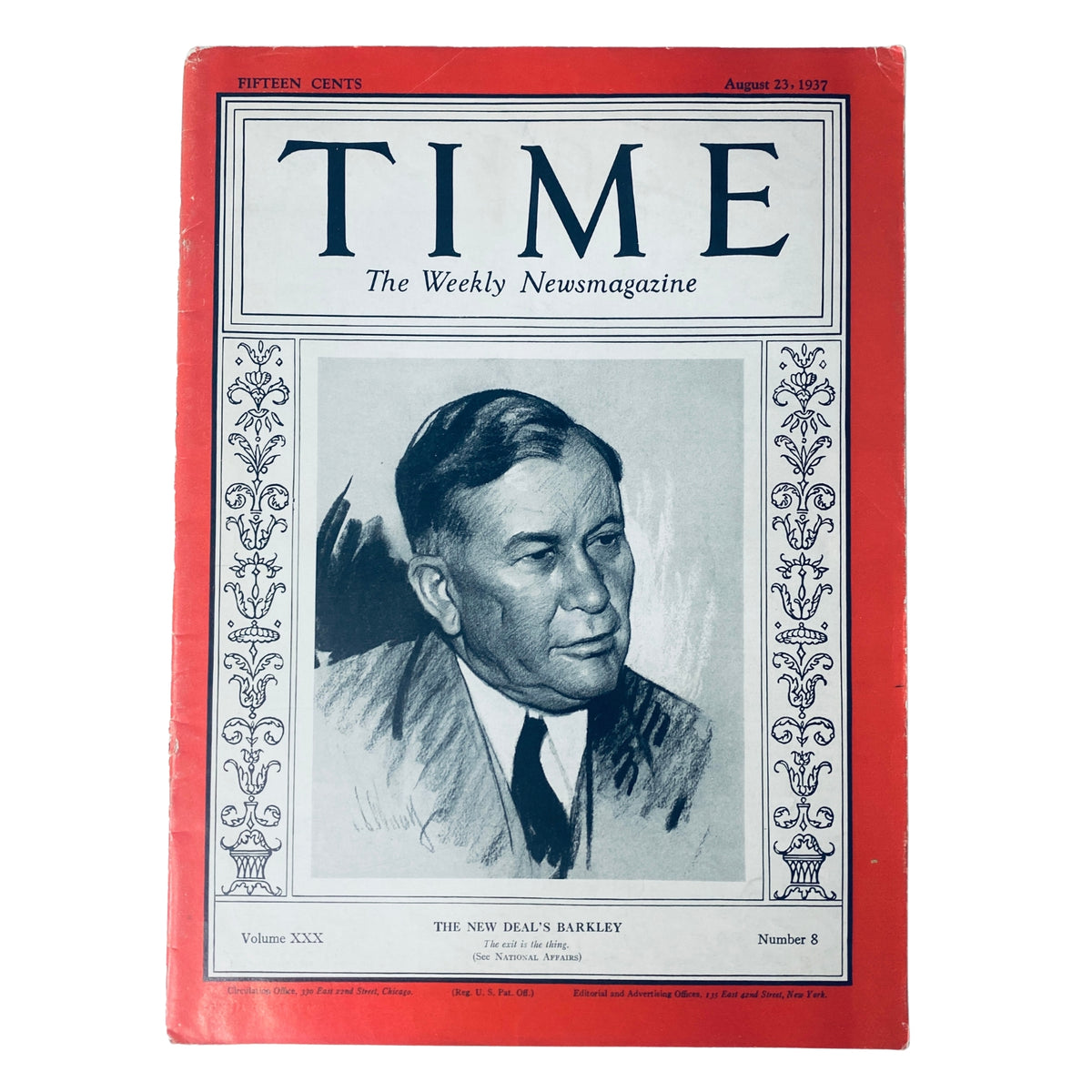 Cover of Time Magazine, August 23, 1937, Volume 30 No. 8, featuring 'The New Deal's Barkley' with a portrait of Alben W. Barkley, highlighting his role during the New Deal era.