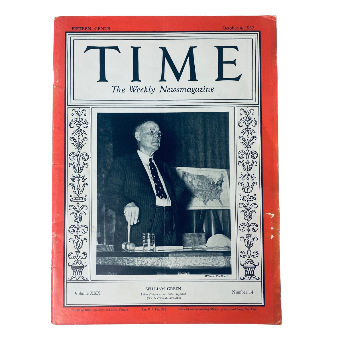 Time Magazine October 4, 1937 Vol 30 No. 14 featuring William Green on the cover, showcasing a significant figure in American labor history.