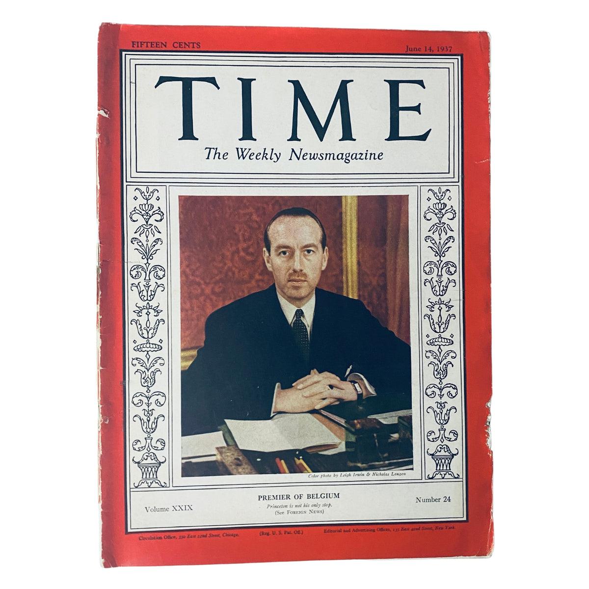 Cover of Time Magazine June 14, 1937 Vol. 29 No. 24 featuring the Premier of Belgium, highlighting historical European leadership.