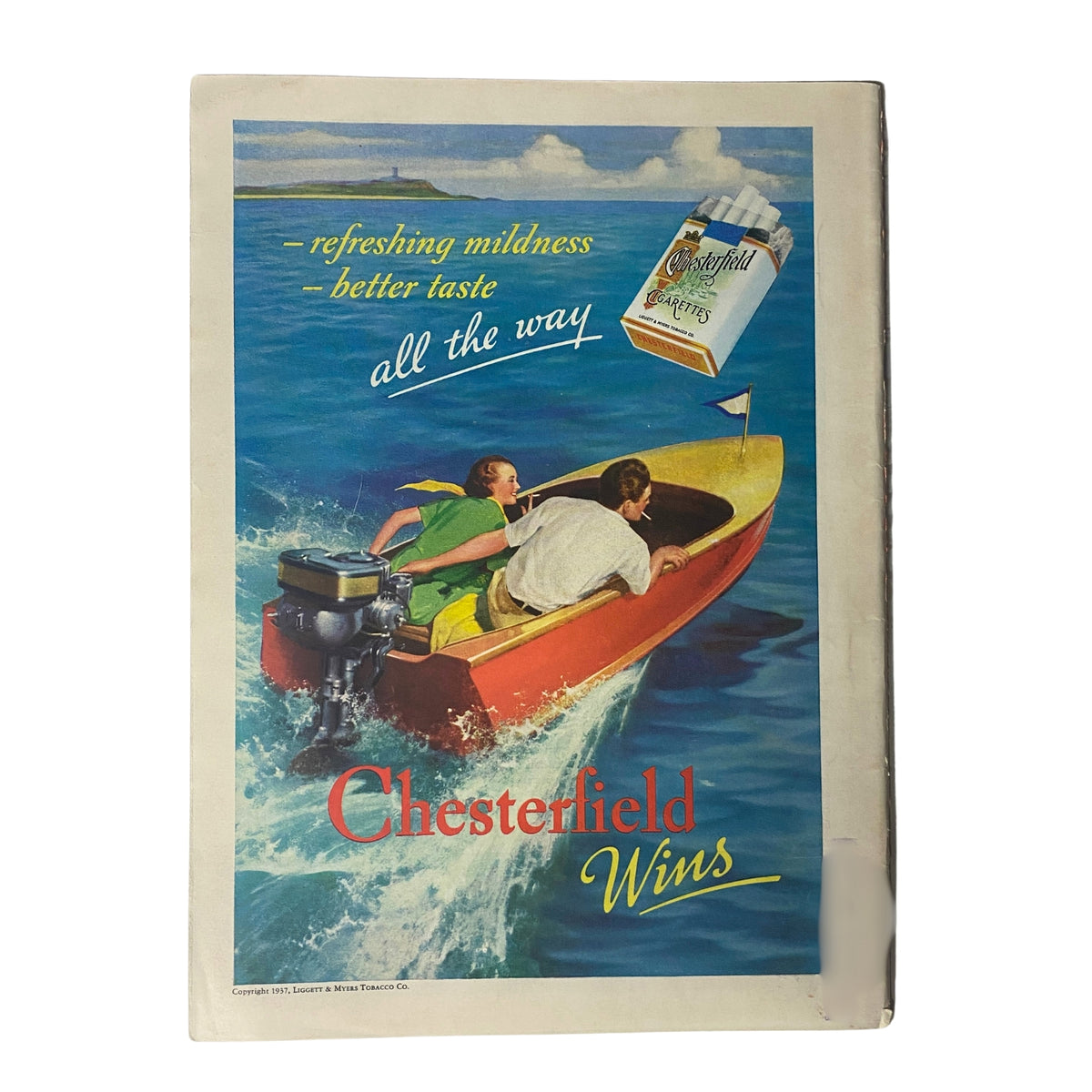 Chesterfield Wins advertisement featuring a colorful illustration of a couple in a boat enjoying a refreshing day on the water, promoting the cigarette brand, from Time Magazine June 28, 1937, Vol 29 No. 26.