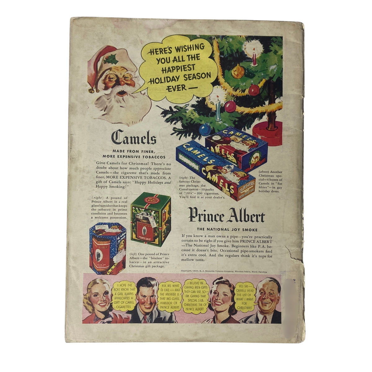 Back cover of Time Magazine December 20, 1937 Vol 30 No. 25, with an advertisement celebrating the holiday season featuring Camels and Prince Albert tobacco products.