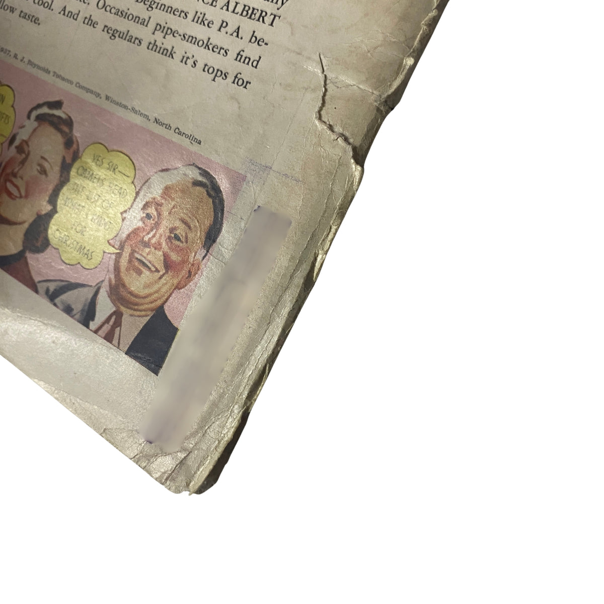 Detailed view of the back cover of Time Magazine December 20, 1937 Vol 30 No. 25, showing an advertisement for Prince Albert smoking tobacco with images of happy customers.