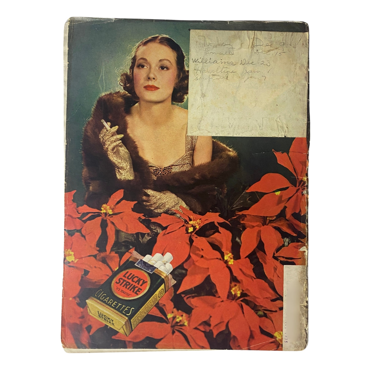 Vintage Time Magazine cover from December 1934 featuring a glamorous actress surrounded by red poinsettias and a Lucky Strike cigarette pack, highlighting the style and culture of the era.