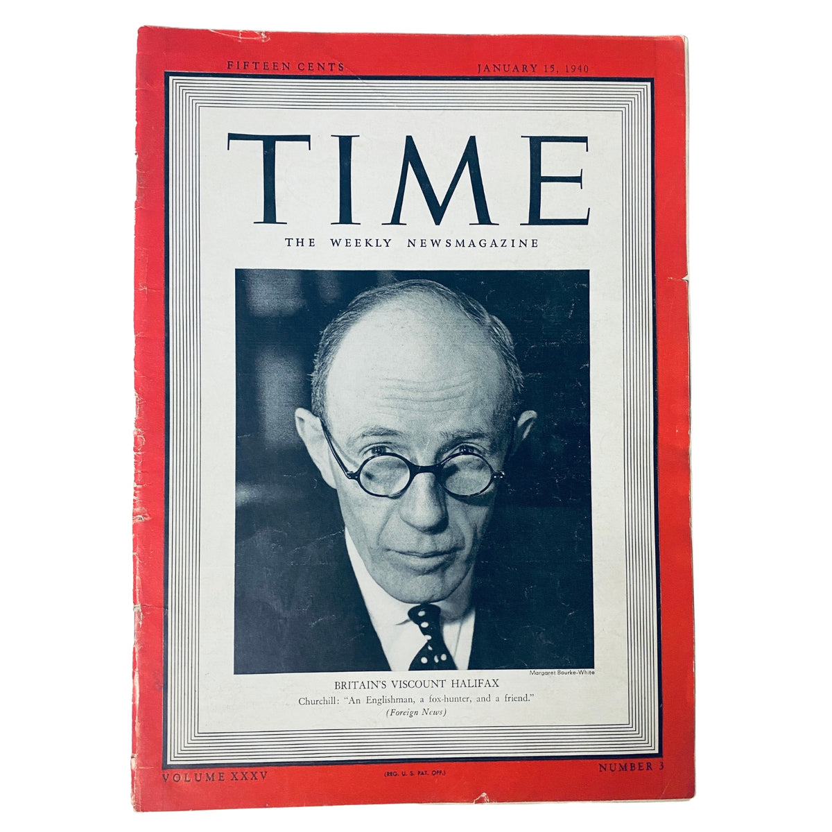 Time Magazine January 15, 1940 Vol 35 No. 3 featuring Britain's Viscount Halifax on the cover, showcasing historical significance during World War II.