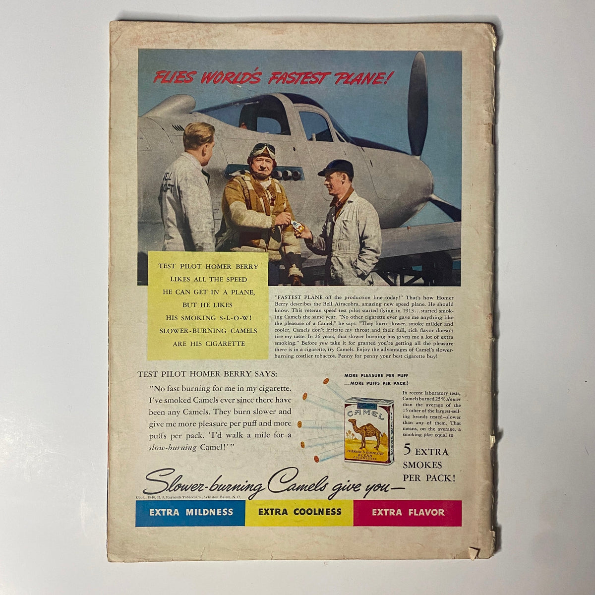 Time Magazine June 3, 1940 - Vol. 35 No. 23 advertisement featuring Test Pilot Homer Berry promoting Camel cigarettes next to a plane, highlighting the benefits of slower-burning cigarettes. This vintage ad captures the essence of wartime aviation and tobacco advertising.