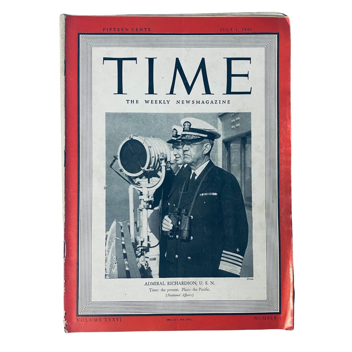 Time Magazine cover from July 1, 1940, featuring Admiral James O. Richardson, U.S. Navy, with a photograph of him observing through binoculars, highlighting naval leadership and strategic insight on the eve of World War II.