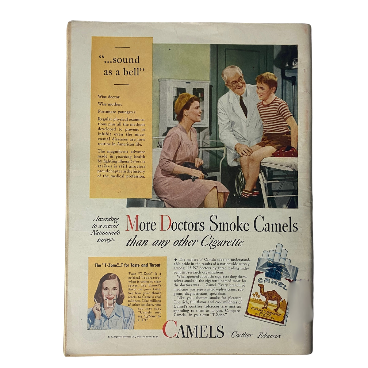 Back cover advertisement from Time Magazine September 23, 1946, promoting Camel cigarettes. The ad features an illustration of a doctor, a mother, and a child, emphasizing the brand's marketing of smoking.