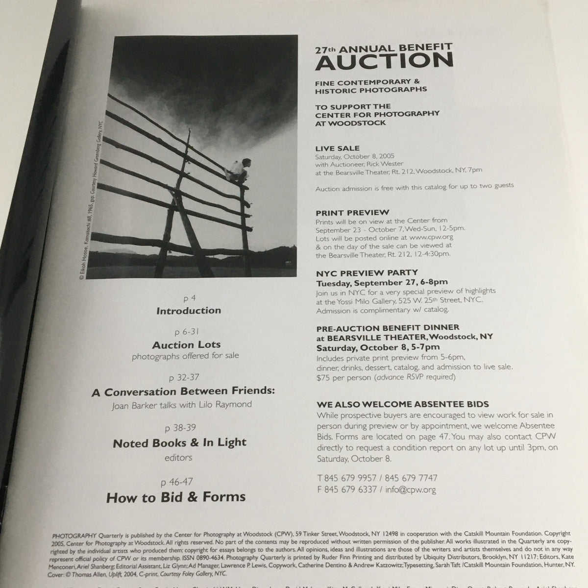 Interior page of the Photography Quarterly Auction Catalog 2005 #93 detailing the 27th Annual Benefit Auction and live events. This page includes an introduction, auction lots, and insights into the photography community.