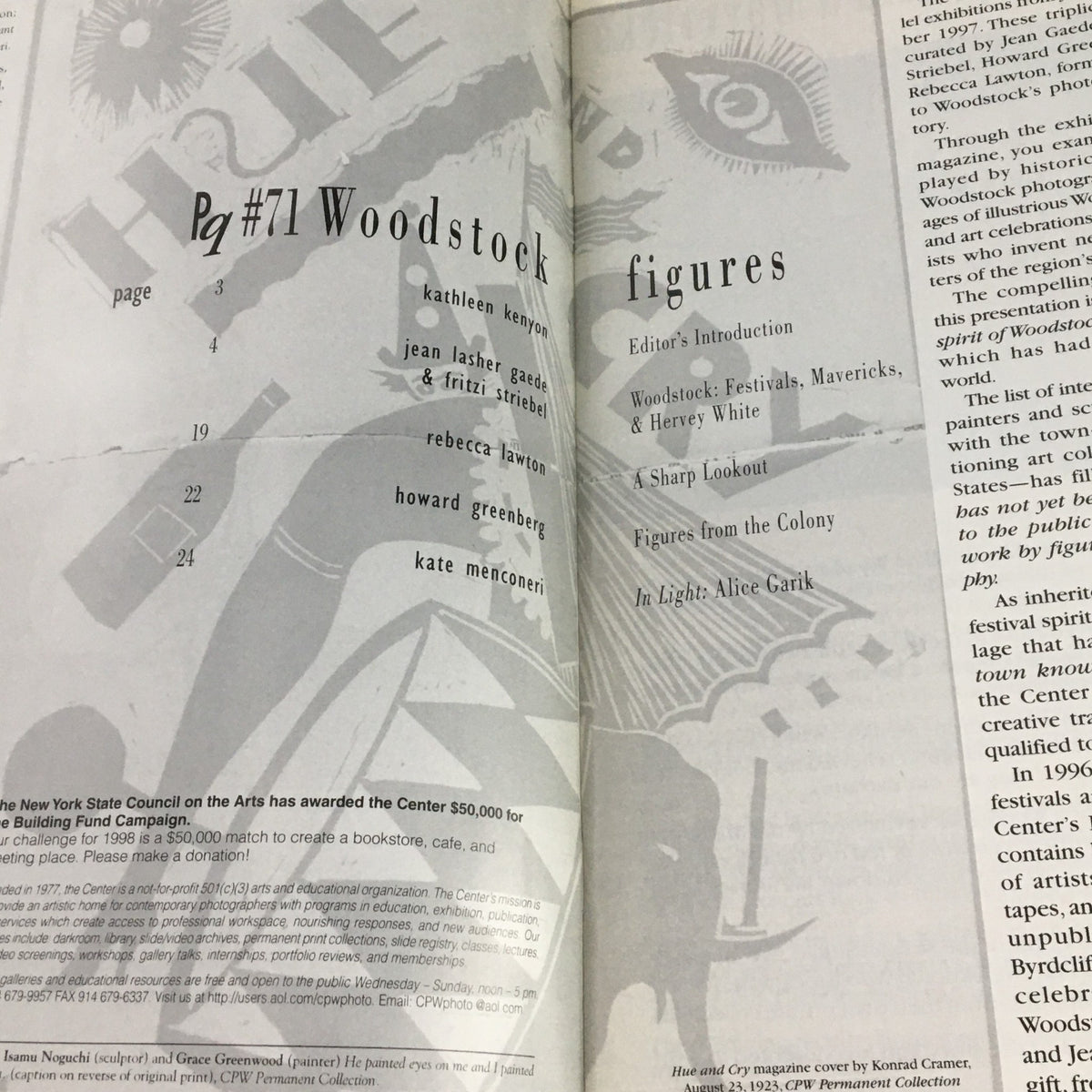 Inside page of the Photography Quarterly Auction Catalog 1997 #71 displaying the table of contents including features on Woodstock Festivals, Mavericks, and featured artists.