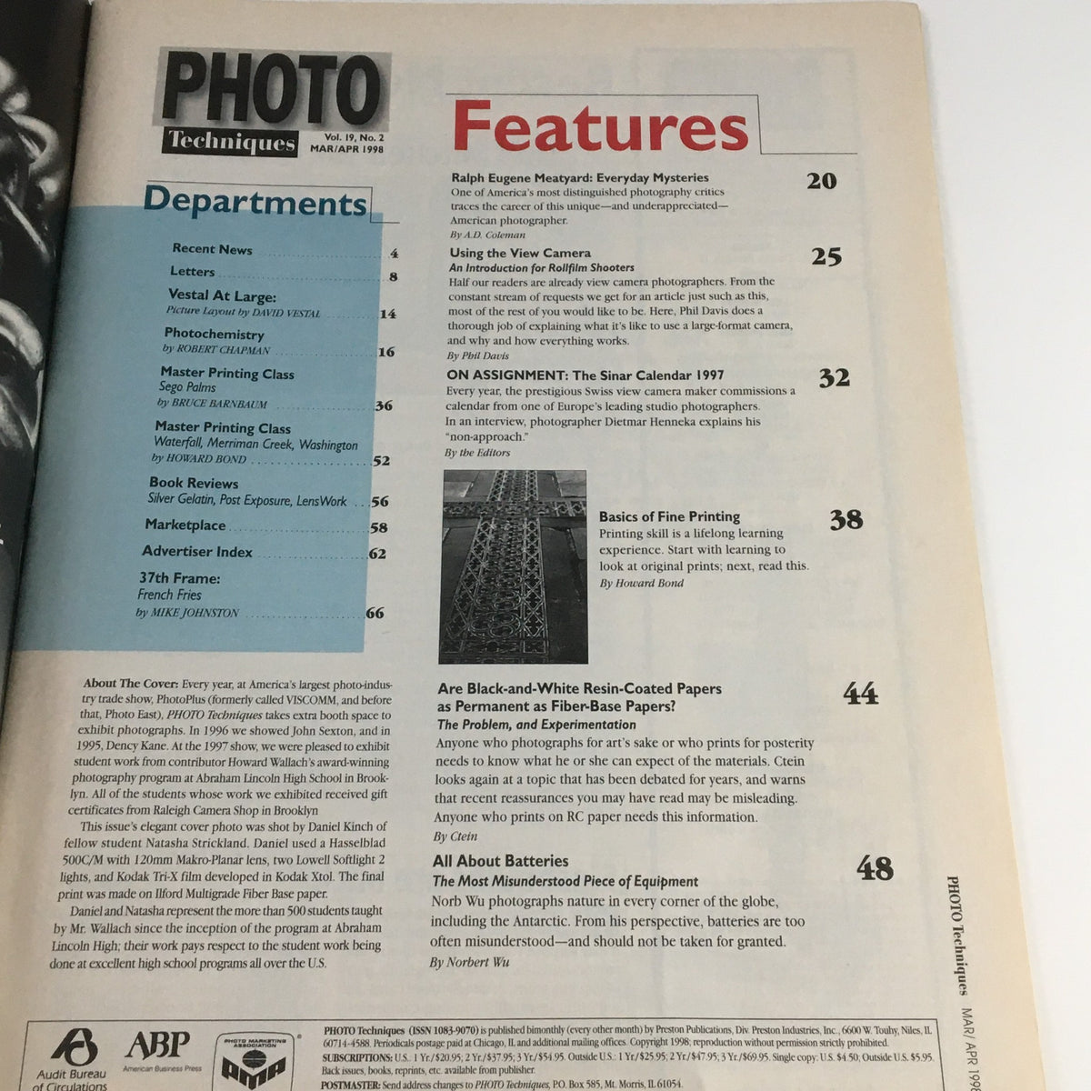 Inside page of Photo Techniques Magazine March 1998 displaying the table of contents with featured articles including Howard Bond on black and white photography.