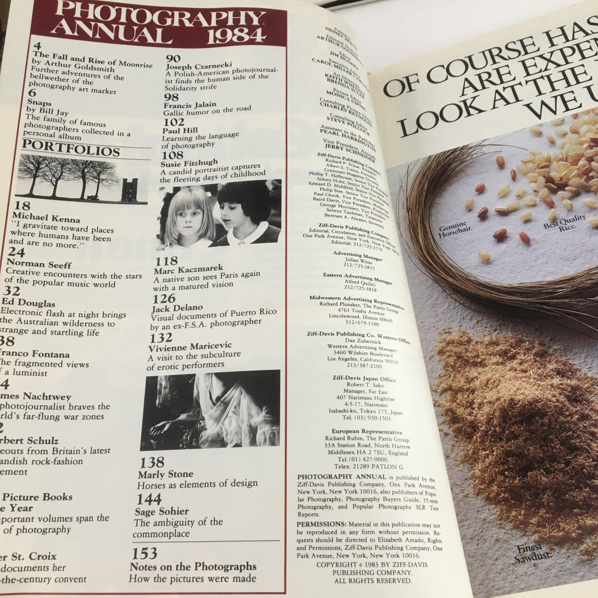 Interior view of the Photography Annual Magazine 1984 Album of Great Photographers, showcasing contents with featured photographers, articles, and a list of images and topics relevant to photography in that era.