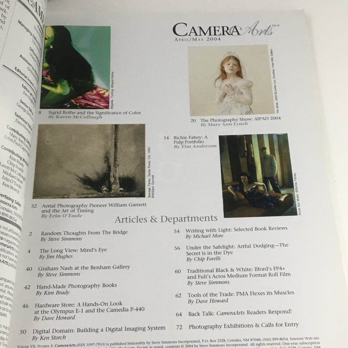 Inside pages of Camera Arts Magazine April 2004, highlighting articles and artwork, including a focus on photography trends from the early 2000s.