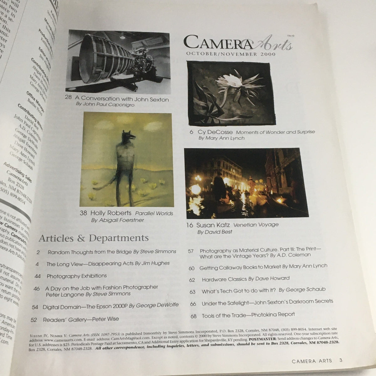 Interior page of Camera Arts Magazine October 2000 showcasing articles and departments, including a conversation with John Sexton.