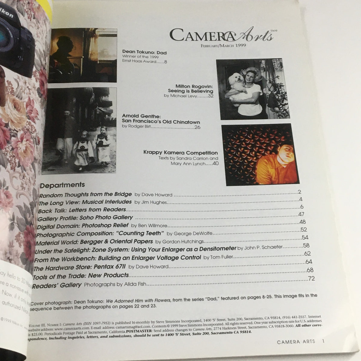 Contents page of Camera Arts Magazine February 1999, listing articles including 'Dean Tokuno: Dad' and 'Milton Rogovin: Seeing is Believing', highlighting the magazine's focus on photography and art.
