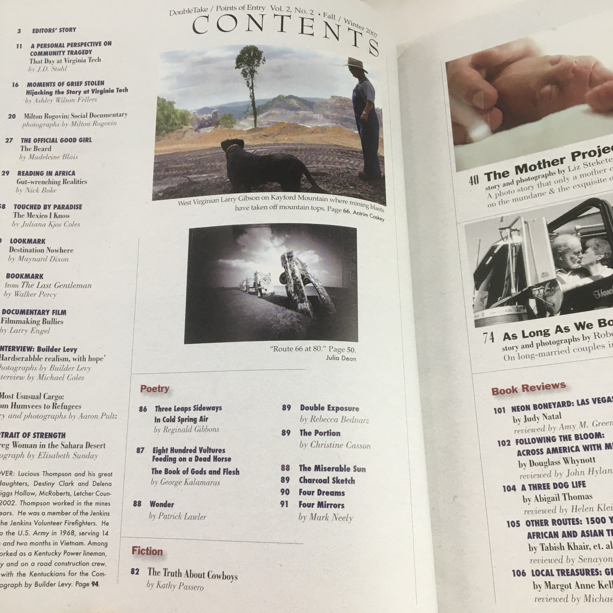 Table of contents page from Double Take Points of Entry Fall 2007, outlining articles and features in the vintage magazine.