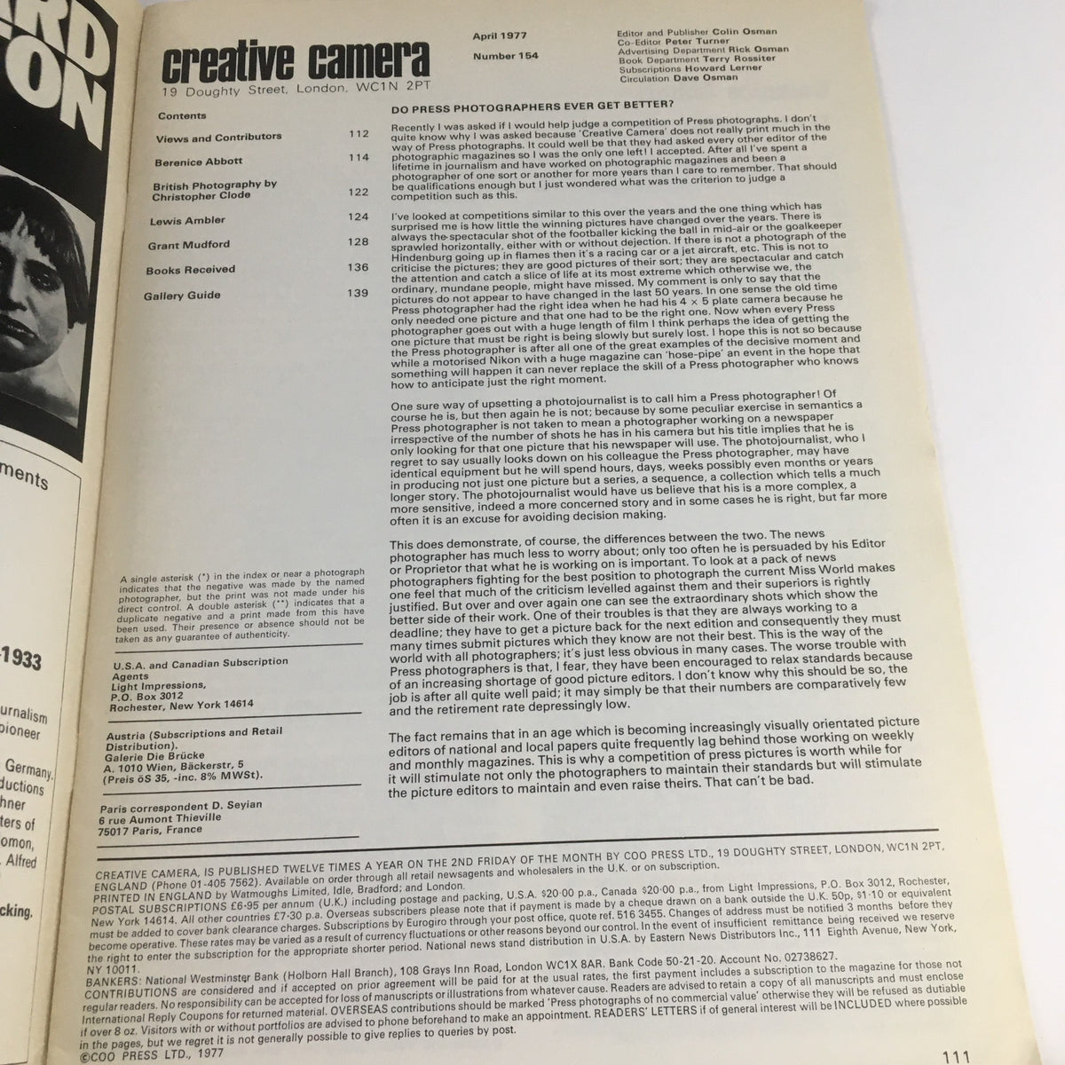 Interior page of Creative Camera Magazine April 1977 displaying the table of contents, including articles by Grant Mufford and others. The layout captures the vintage aesthetic of photography discussions from the 1970s.
