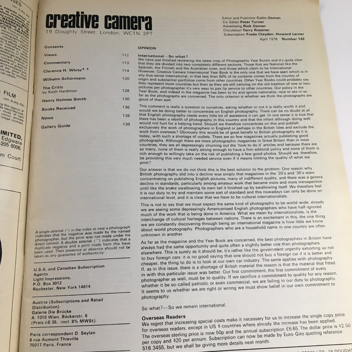 Creative Camera Magazine April 1976, content page featuring various articles and commentary, showcasing photography discussions of the 1970s.