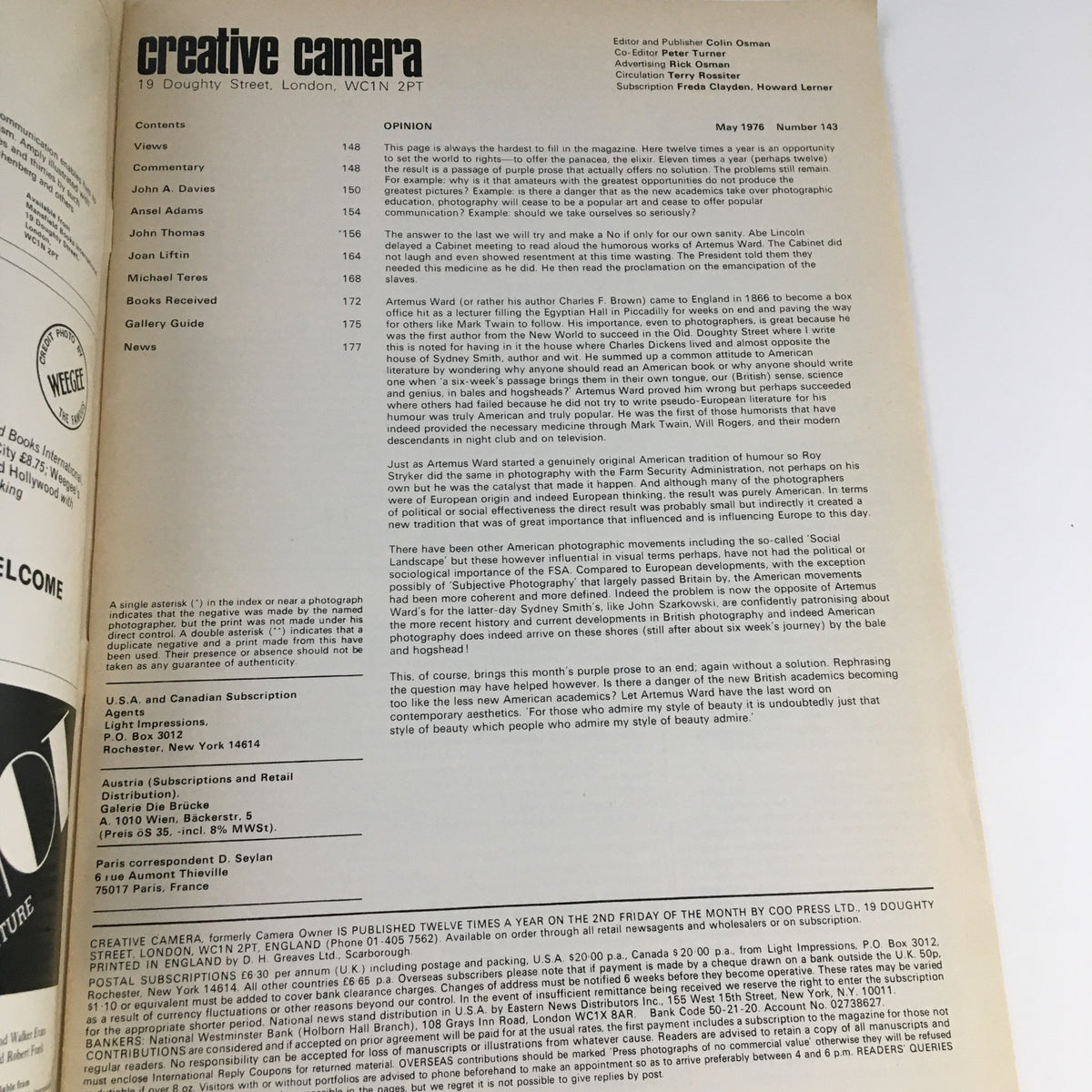 Page from Creative Camera Magazine May 1976 displaying the table of contents. The page includes editorial details and articles from notable photographers, enhancing the historical context of the publication.