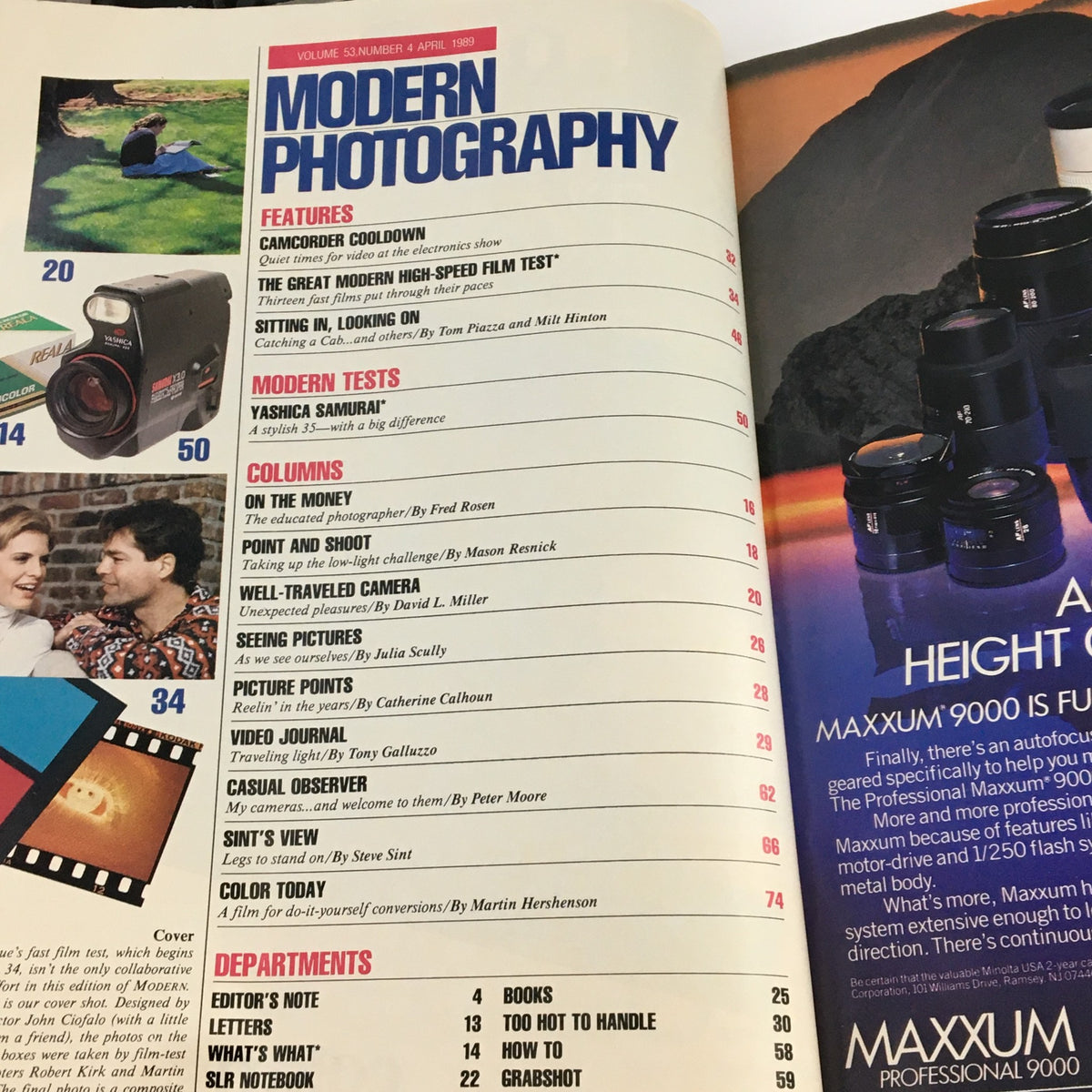 Interior page of Modern Photography Magazine, April 1989, featuring articles on high-speed color print films, modern photography techniques, and various columns. Includes a camera test, along with sections on point and shoot photography, video journalism, and casual observation.