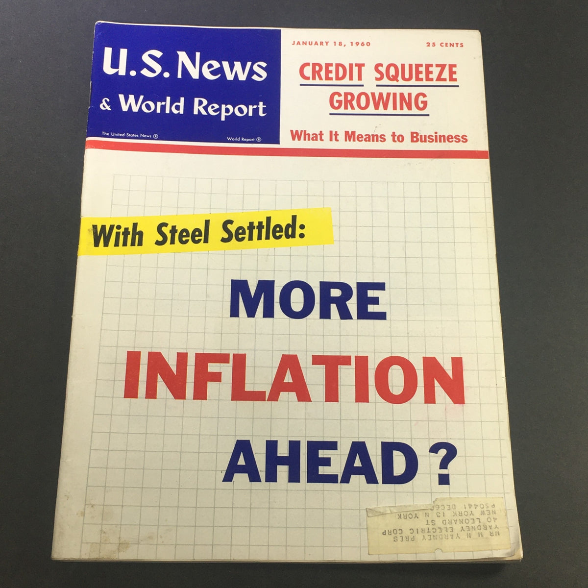 Cover of the VTG U.S. News & World Report Magazine dated January 18, 1960, featuring the headline 'Credit Squeeze Growing' and discussing economic inflation.