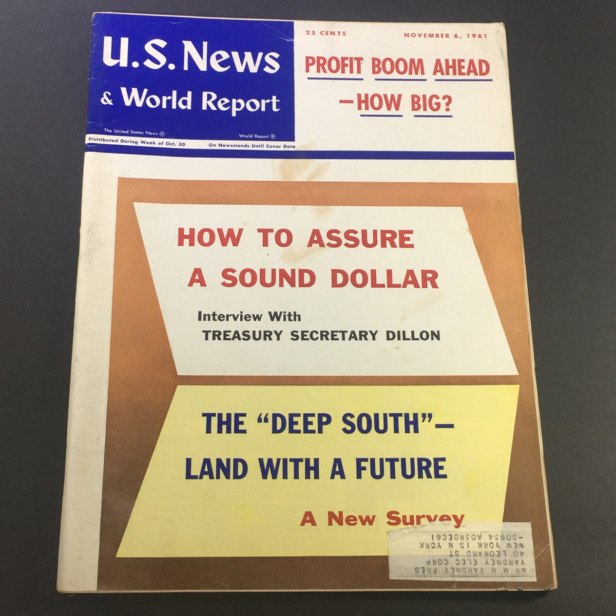 Vintage U.S. News & World Report Magazine from November 6, 1961, featuring the title 'The Deep South' and articles on economic topics and interviews, with signs of wear.