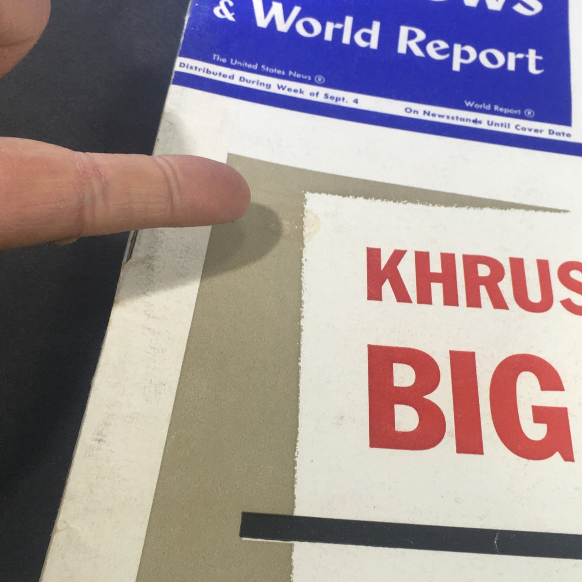 Cover detail of the VTG U.S. News & World Report Magazine from September 11, 1961, highlighting the headline 'KHRUSHCHEV BIG' and showcasing vintage magazine quality.