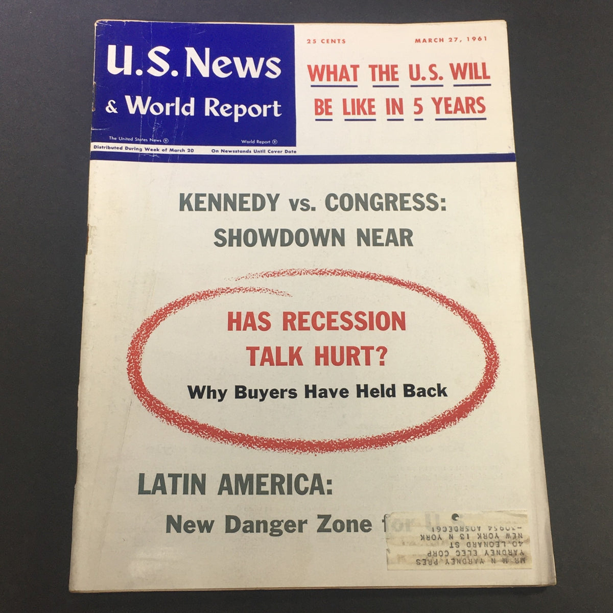 Vintage U.S. News & World Report Magazine from March 27, 1961, featuring the headline 'Kennedy vs. Congress: Showdown Near' and a discussion on recession concerns.