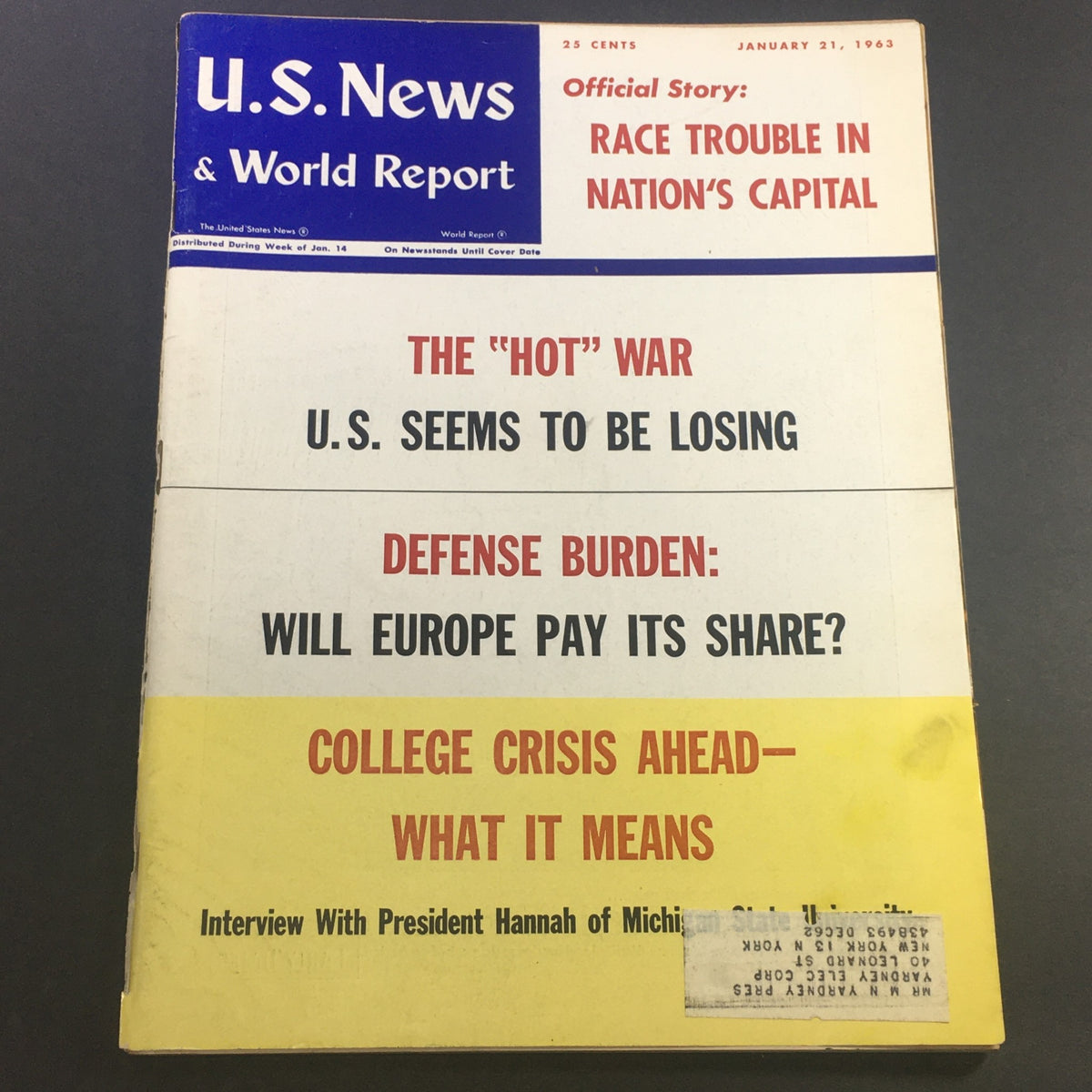 Vintage U.S. News & World Report magazine cover from January 21, 1963 featuring the title 'College Crisis Ahead' and headlines discussing race issues, war, and defense burdens.