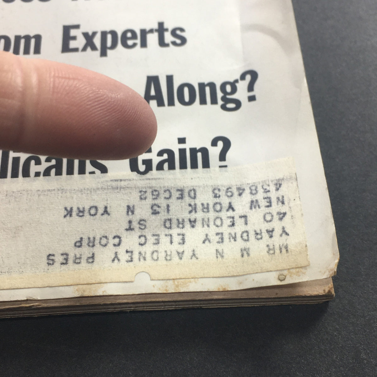 Detail of the VTG U.S. News & World Report Magazine from January 8, 1962, showing an address label on the cover, adding historical context to this collectible item.