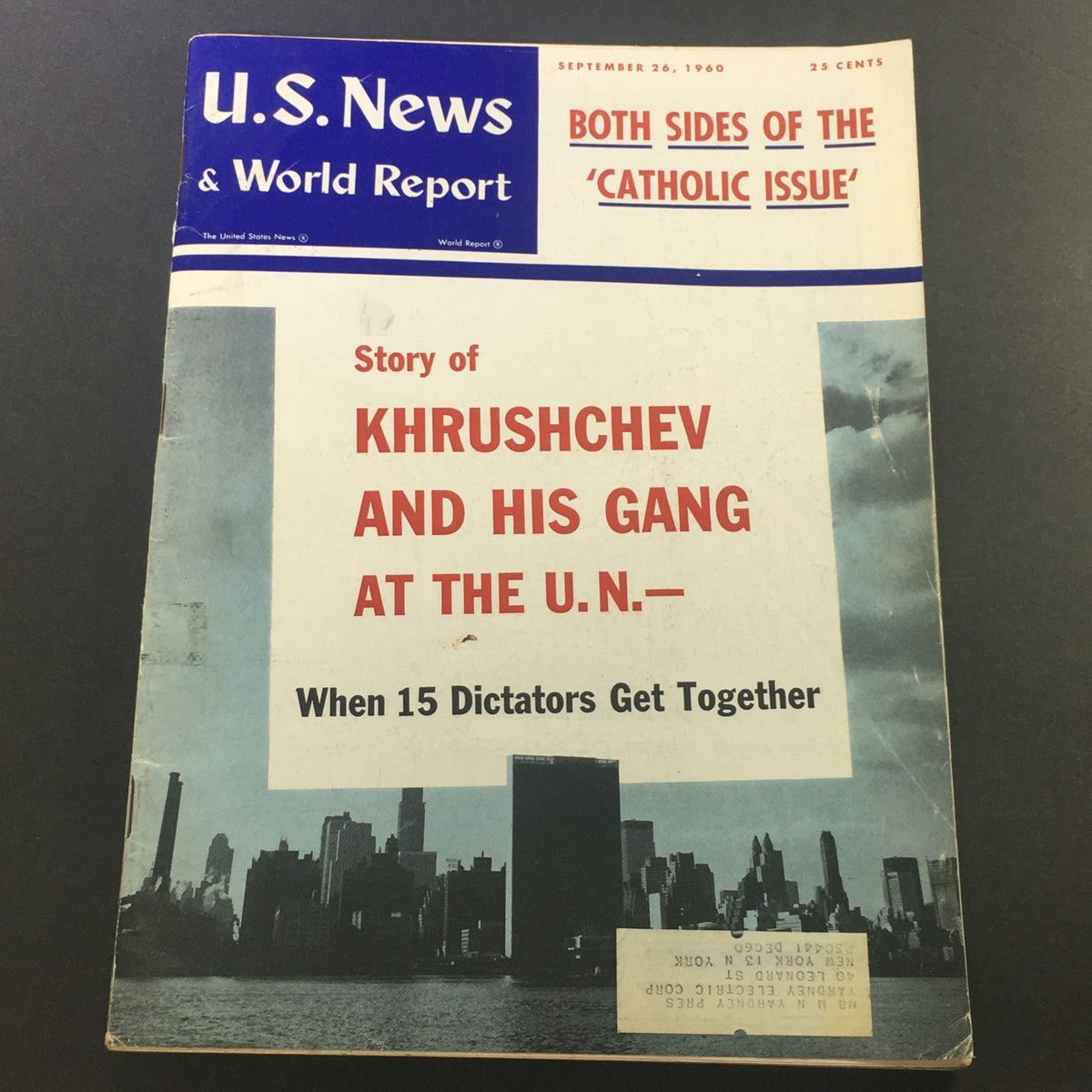Vintage U.S. News & World Report magazine cover dated September 26, 1960, featuring the headline 'Story of Khrushchev and His Gang at the U.N.' with an image of a city skyline in the background.