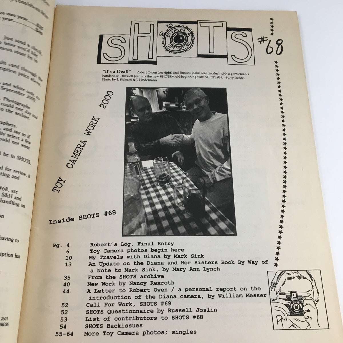 Inside page of Inside Shots Magazine 2000 #68 showcasing articles about Toy Camera Work, featuring a photograph of two individuals at a table.