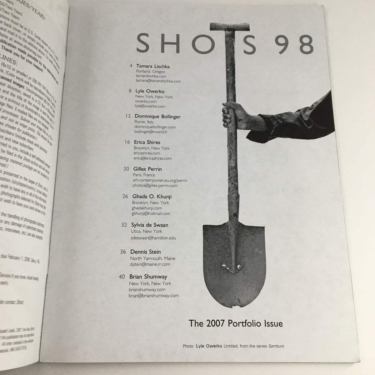 Inside Shots Magazine Winter 2007, showcasing various contributors to the 2007 Portfolio Issue, including Tamara Lischka and Lyle Owerko, with a graphic design featuring a shovel.