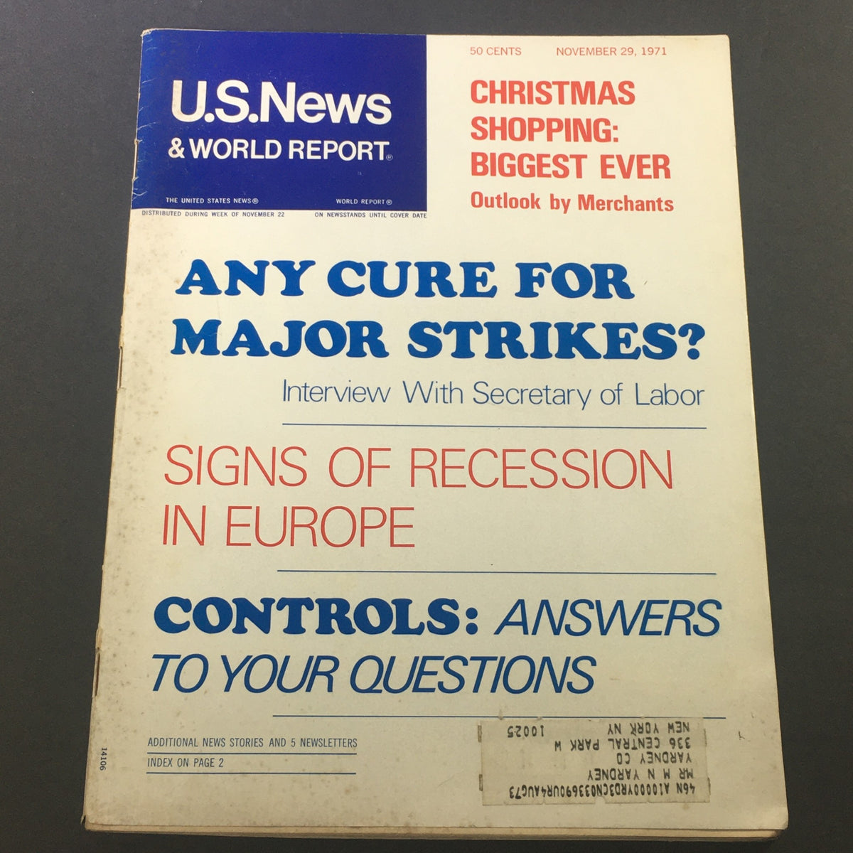Cover image of VTG U.S. News & World Report Magazine November 29, 1971 featuring a headline on major strikes and economic issues.