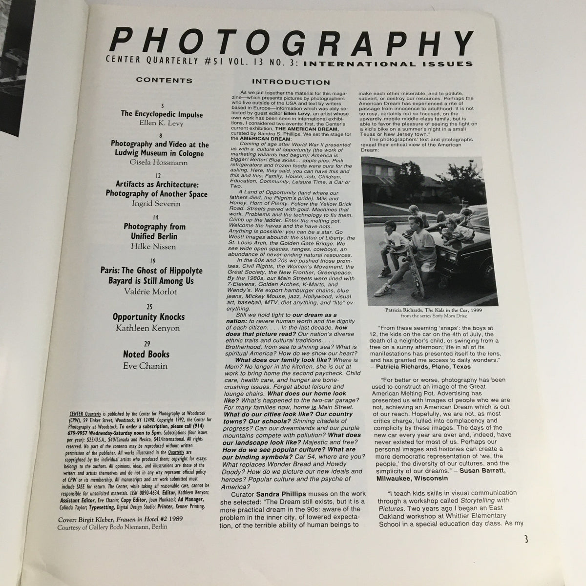 Interior page of Photography Center Quarterly Magazine 1992 #51 The International Issue, displaying contents and introduction with black and white photography.