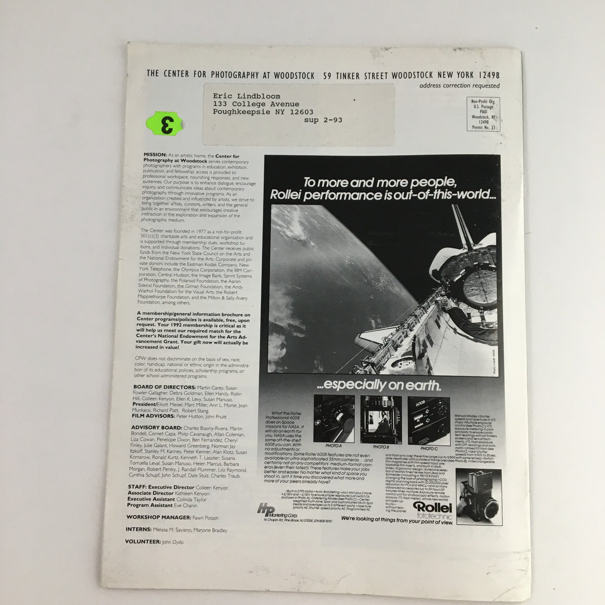 Back cover of Photography Center Quarterly Magazine 1992 #51 The International Issue, featuring an address label and promotional content for Rollei cameras, demonstrating the magazine's vintage appeal.