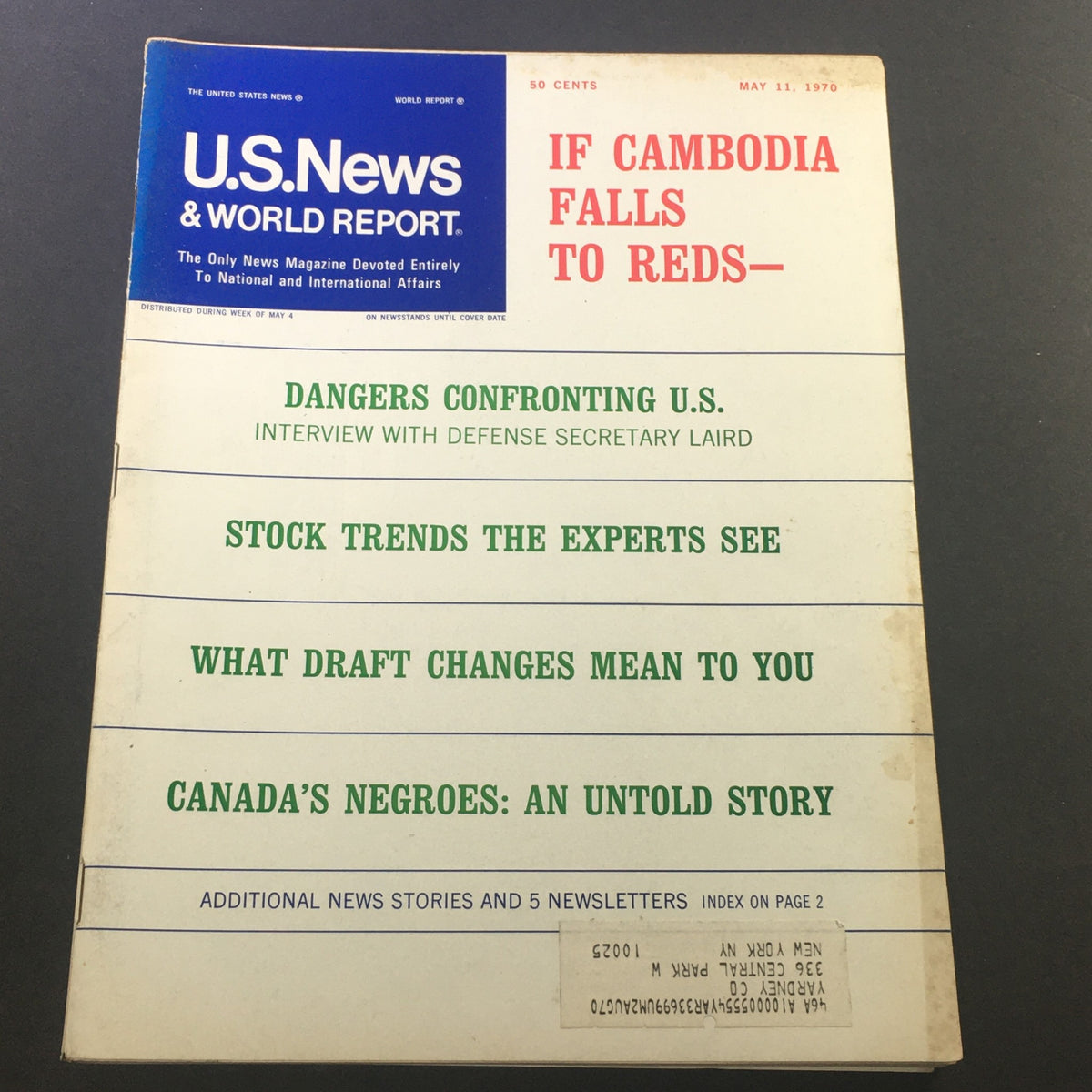 Cover of VTG U.S. News & World Report Magazine May 11 1970, featuring the headline 'If Cambodia Falls to Reds' and major articles including 'Dangers Confronting U.S.' and an interview with Defense Secretary Laird.