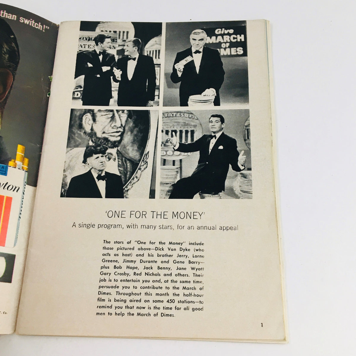 Inside page of TV Guide Magazine January 25 1964 showcasing the 'One for the Money' program with notable television stars and details about the March of Dimes appeal.