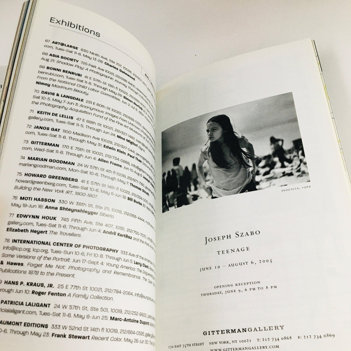 Interior page from Photograph Magazine May 2005 showcasing exhibitions including Joseph Szabo's 'Teenage' display at Gitterman Gallery.