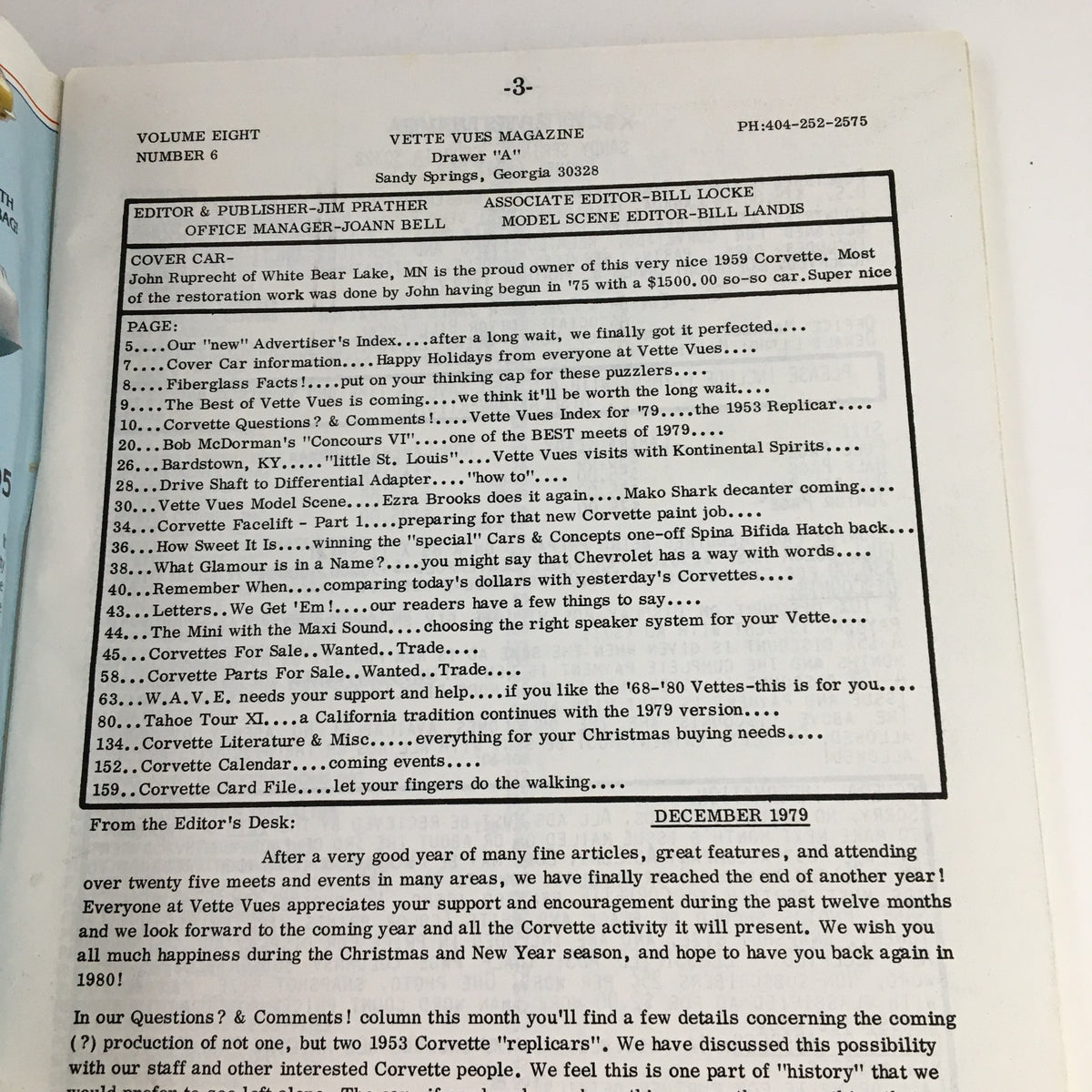 Interior page of Vette Vues Magazine December 1979 Vol 8 #6 showing the table of contents and editorial details.