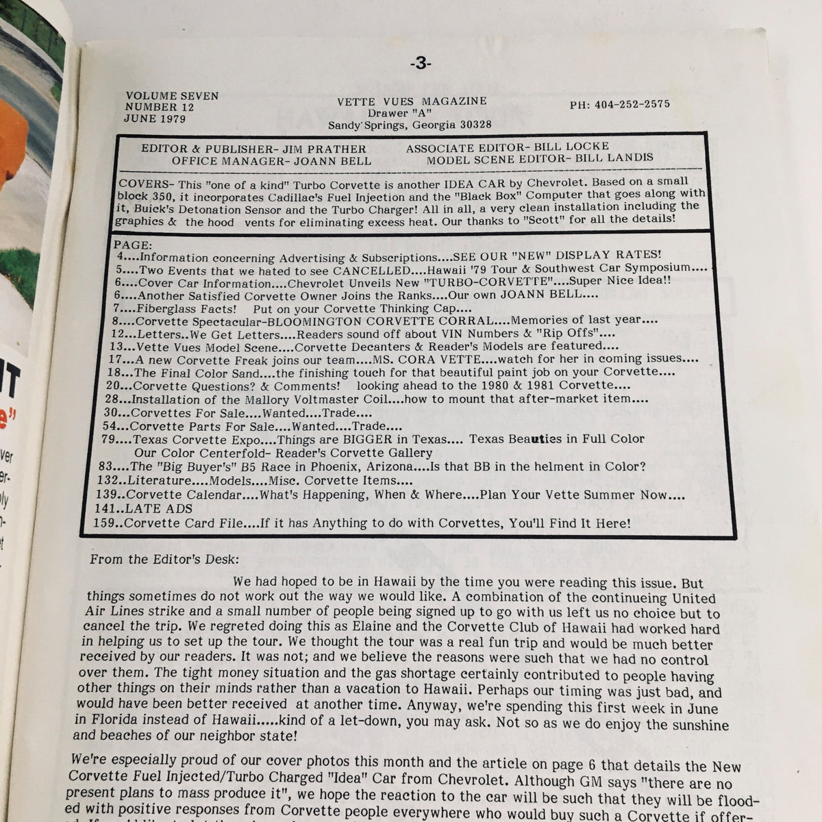 Interior page of Vette Vues Magazine June 1979 Vol 7 #12, detailing contents and editorial notes, highlighting the magazine's focus on classic Corvettes.