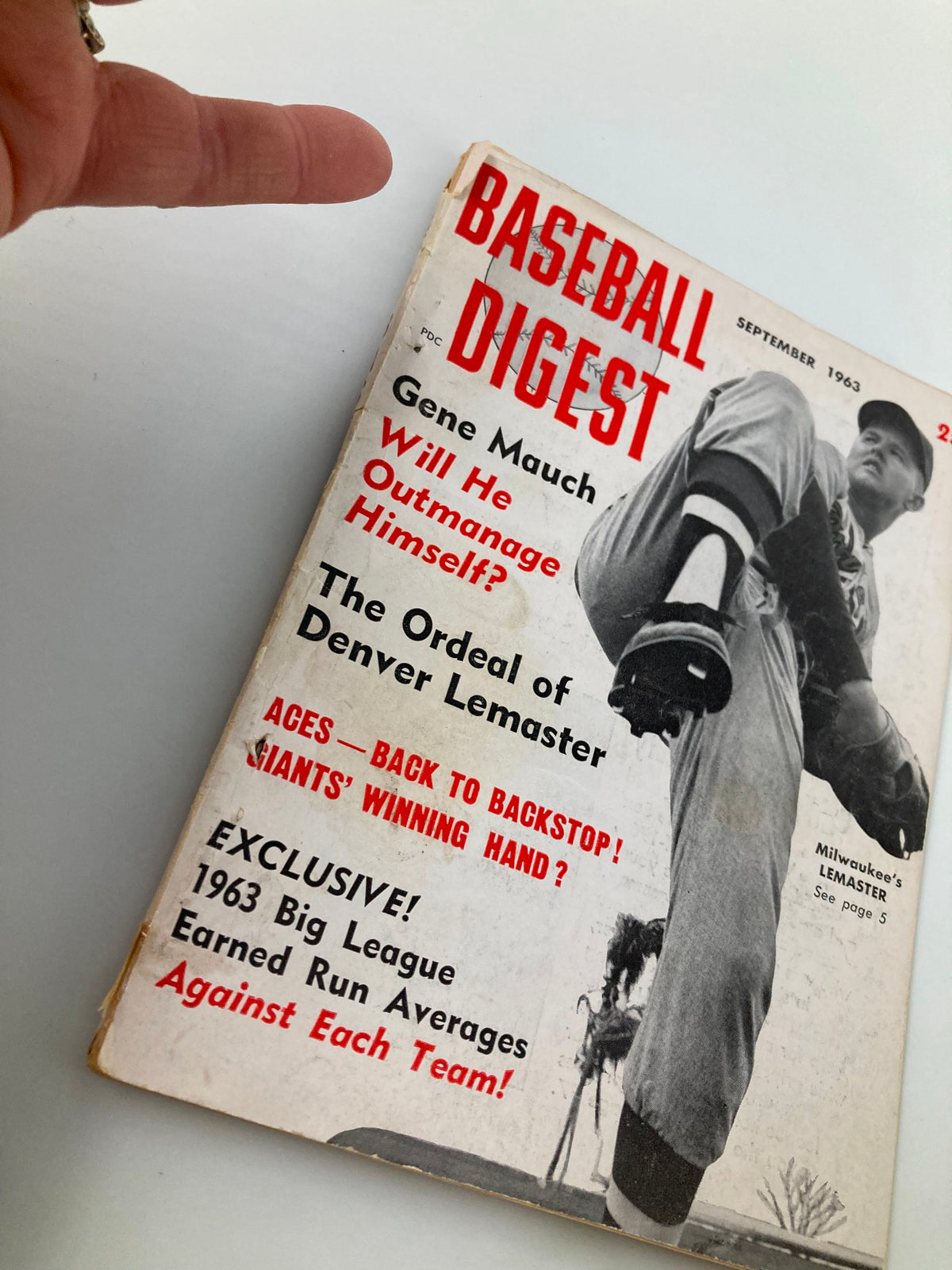 September 1963 Baseball Digest cover featuring 'The Ordeal of Denver Lemaster', showcasing a vintage baseball magazine with headlines and a black-and-white photo of a player.