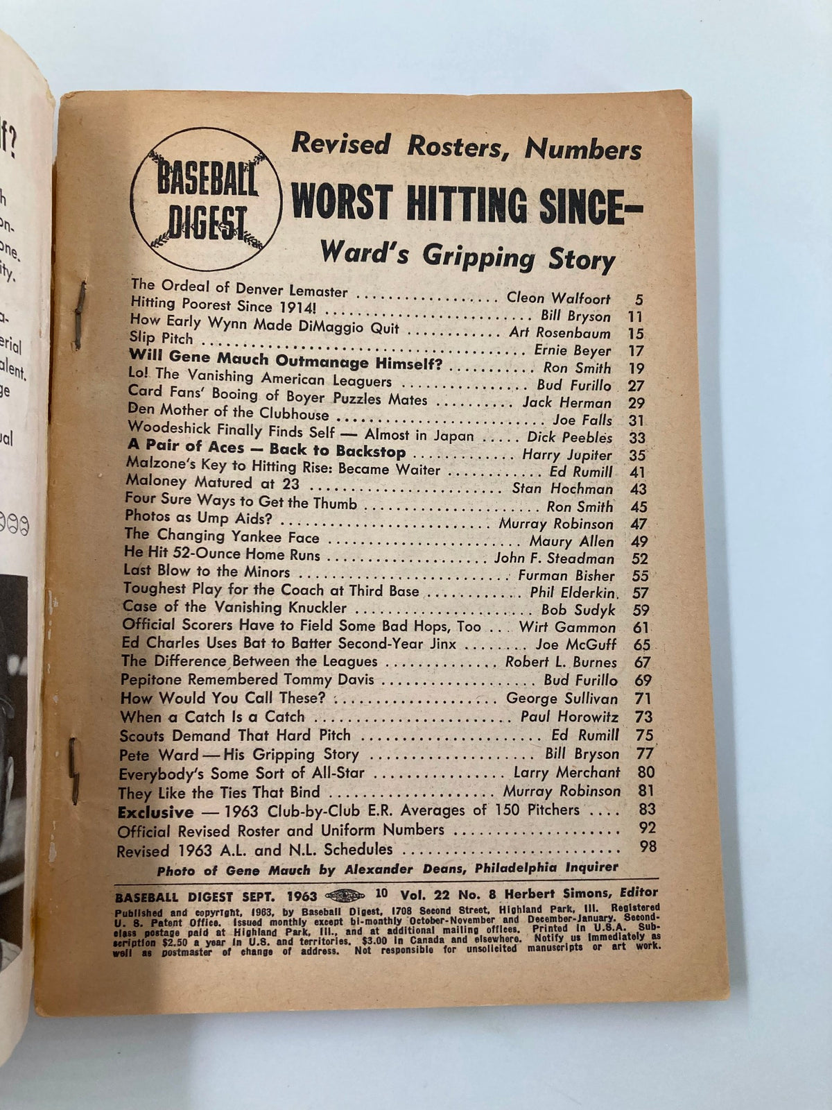 Inside page of the September 1963 Baseball Digest listing articles including 'The Ordeal of Denver Lemaster', with contents and headlines highlighting baseball stories from that era.