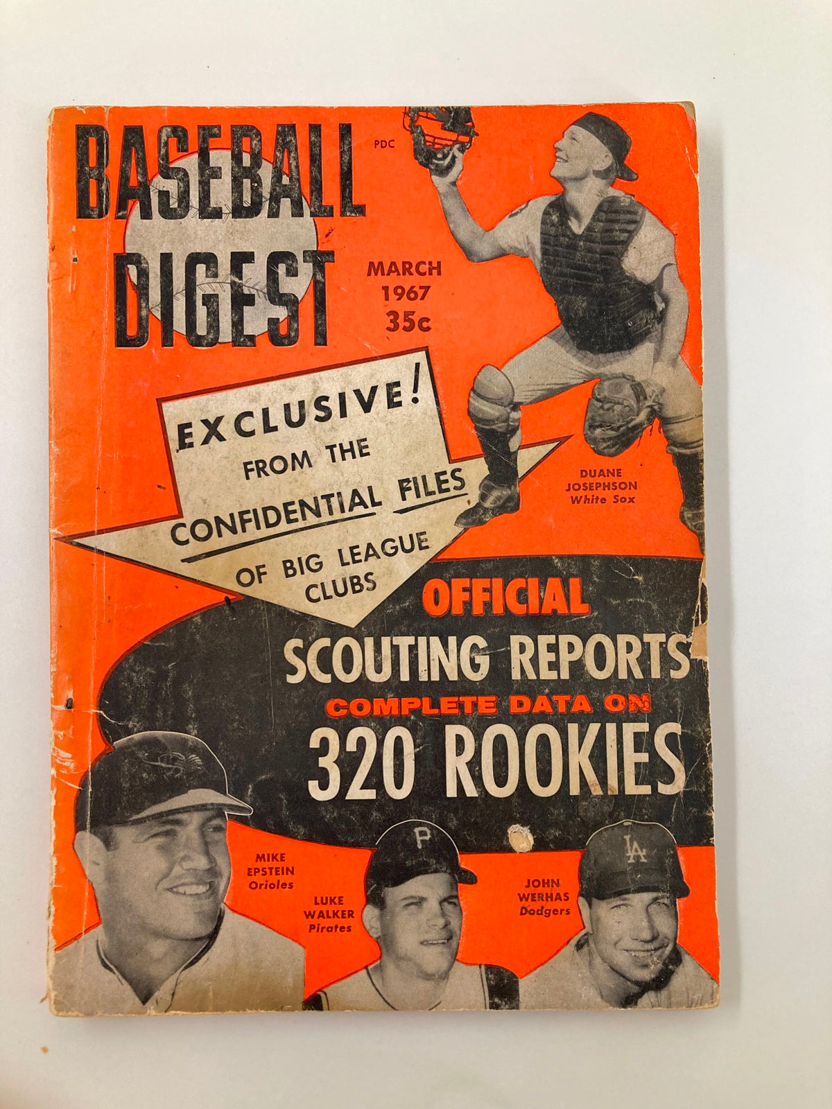 Cover of VTG Baseball Digest March 1967 featuring Duane Josephson, Mike Epstein, and Luke Walker, showcasing scouting reports on 320 rookies.