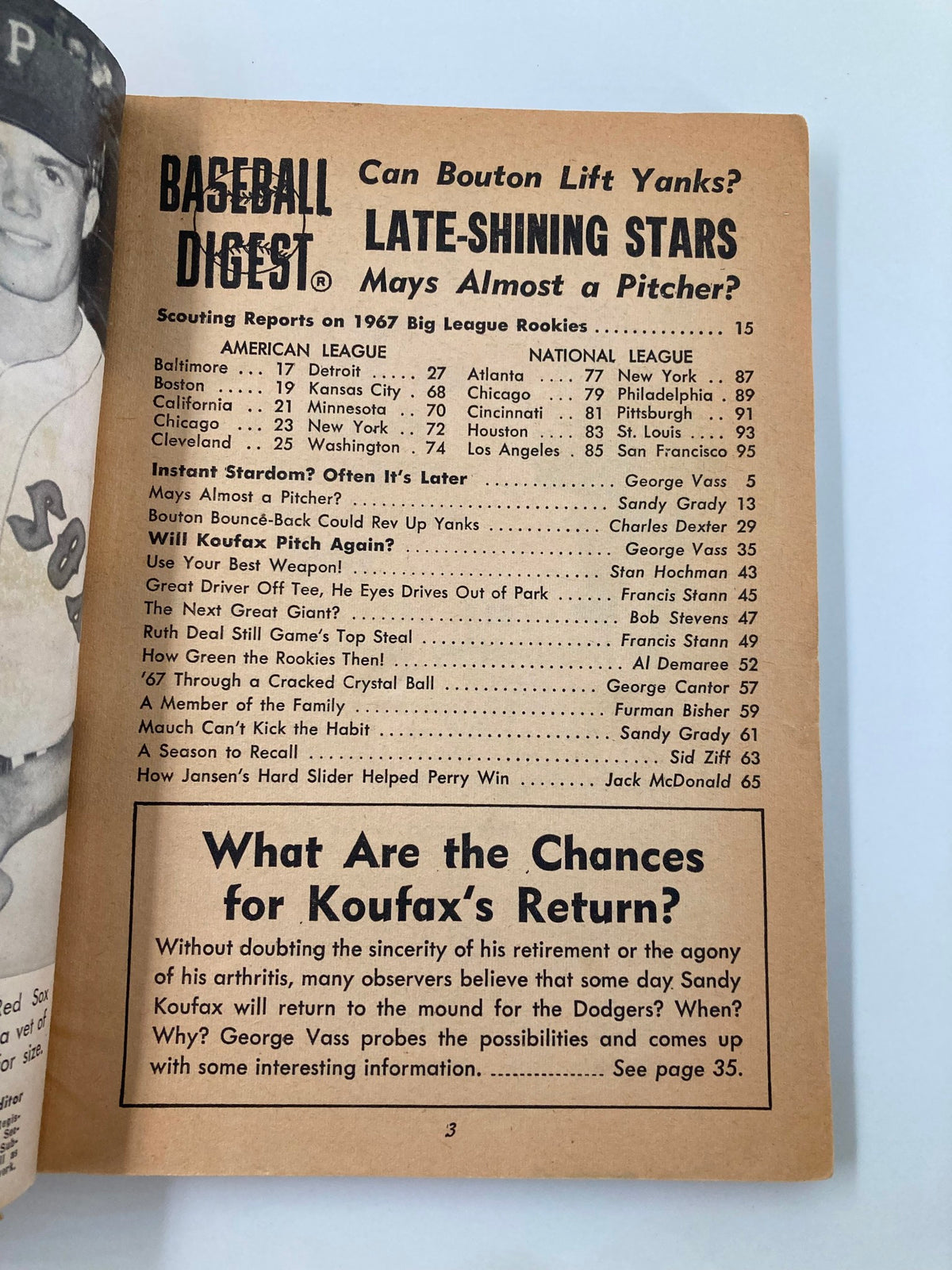 Inside page of VTG Baseball Digest March 1967 showcasing the contents and articles, featuring references to players and scouting reports.