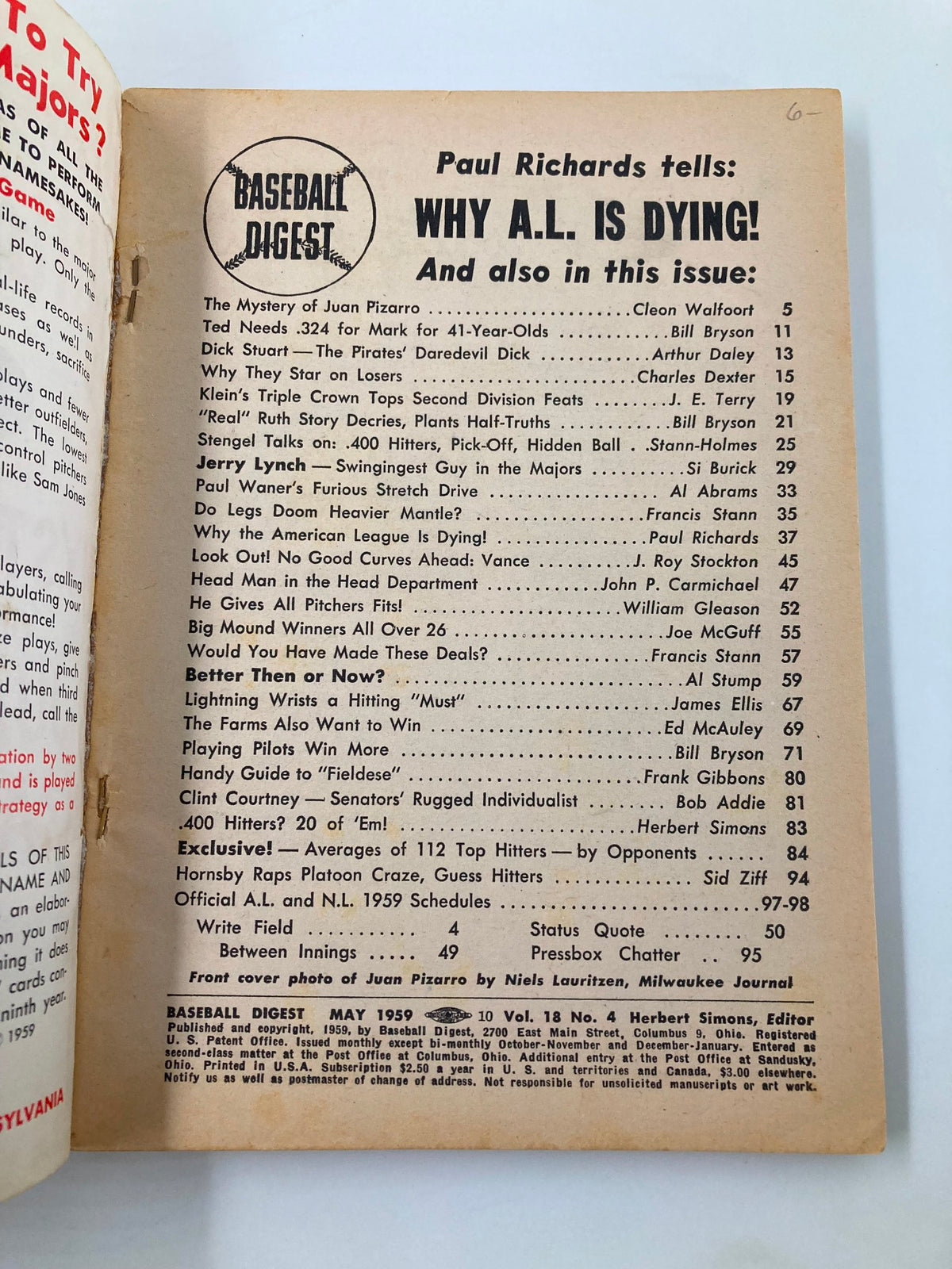 Interior page of VTG Baseball Digest May 1959, listing contents including 'The Mystery of Juan Pizarro' among other articles and features.
